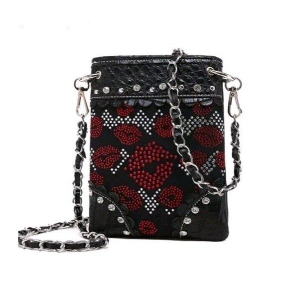 Lips Black Rhinestone Petite Phone Purse - Picture 1 of 6